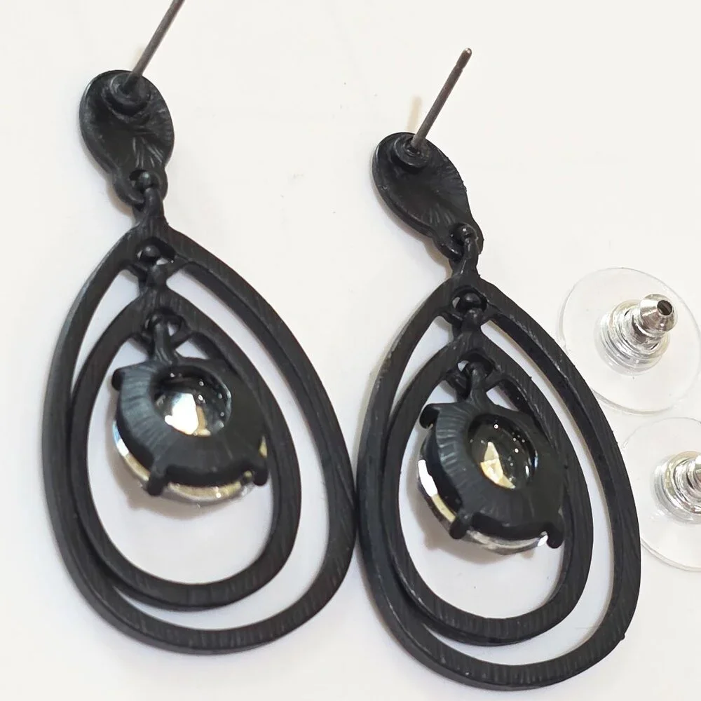 Matte Black Metal Two Teardrop Large Center Rhinestone Dangle Pierced Earrings